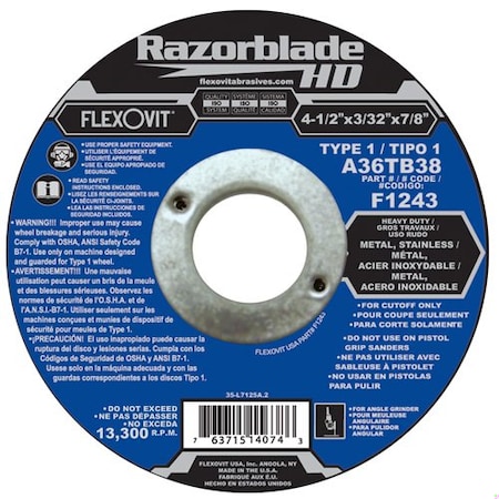 Razorblade HD Razorblade HD Heavy Duty Cut-Off Wheel, 4-1/2 In Dia X 3/32 In THK, 7/8 In Center Hole